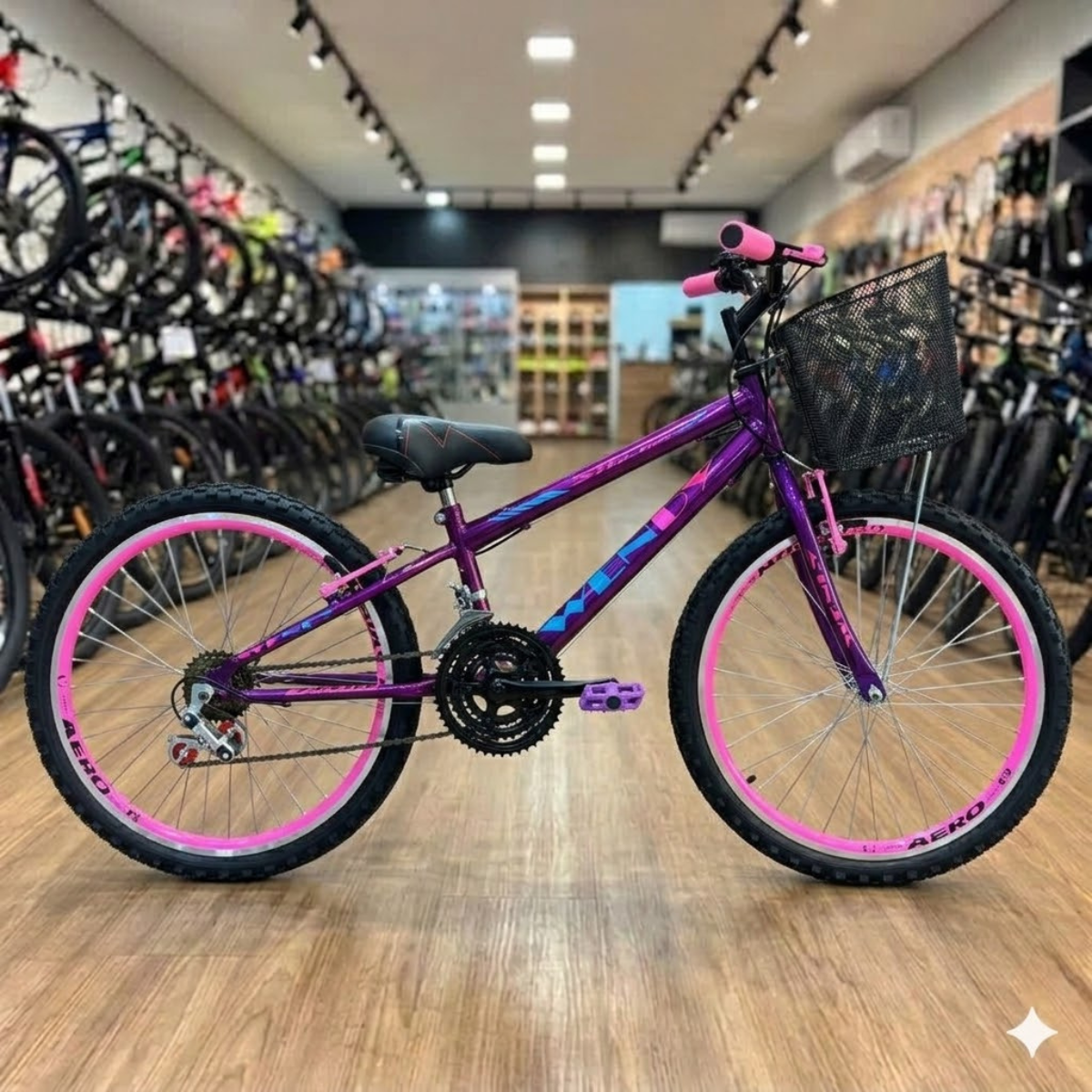 Bicicleta Wendy Aro 24 18M Feminina com Cesta Violeta com Rosa