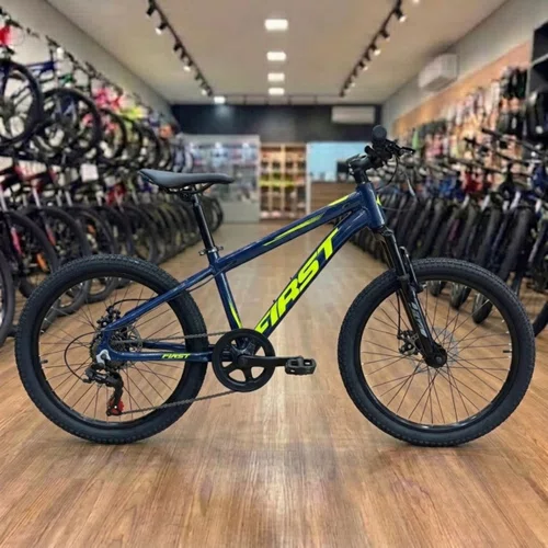 Bicicleta First Aro 20 Smitt Juvenil 7v Freio Disco Azul Galaxy Com Amarelo Neon