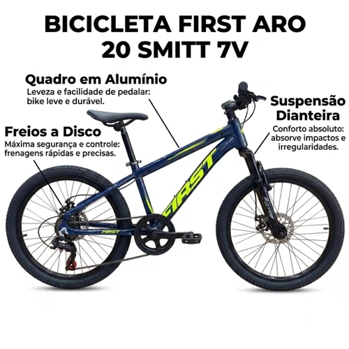 Bicicleta First Aro 20 Smitt Juvenil 7v Freio Disco Azul Galaxy Com Amarelo Neon