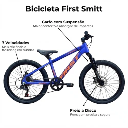 Bicicleta First Aro 20 Smitt Juvenil 7v Freio Disco Azul Hunter com Laranja