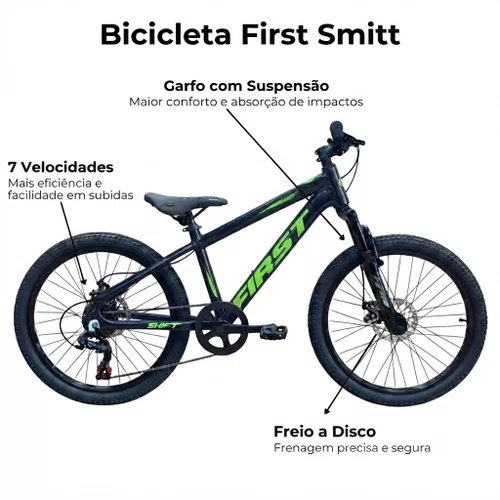 Bicicleta First Aro 20 Smitt Juvenil 7v Freio Disco Preto com Verde