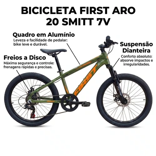 Bicicleta First Aro 20 Smitt Juvenil 7v Freio Disco Verde Militar Com Laranja