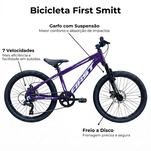 Bicicleta First Aro 20 Smitt Juvenil 7v Freio Disco Violeta com Branco