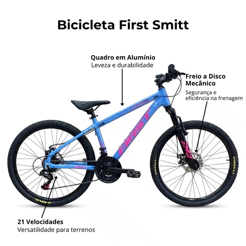 Bicicleta First Aro 24 Smitt Juvenil 21v Freio Disco Azul com Rosa Tam 13,5