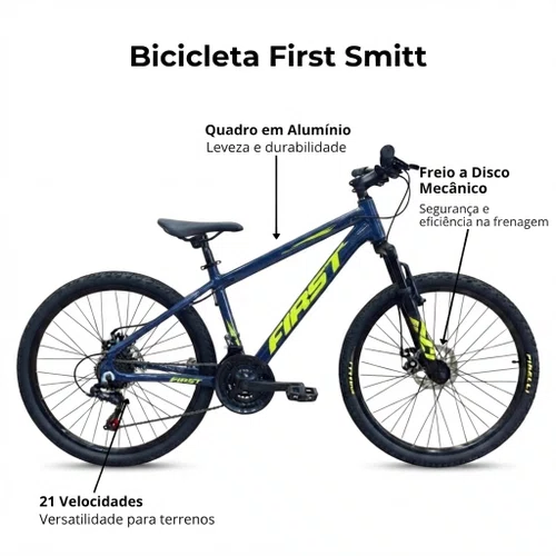 Bicicleta First Aro 24 Smitt Juvenil 21v Freio Disco Azul Galaxy com Amarelo tam 13,5