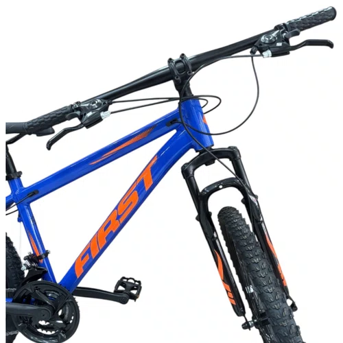 Bicicleta First Aro 24 Smitt Juvenil 21v Freio Disco Azul Hunter com Laranja tam 13,5