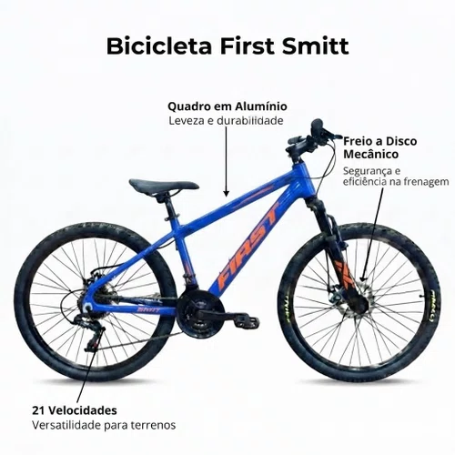 Bicicleta First Aro 24 Smitt Juvenil 21v Freio Disco Azul Hunter com Laranja tam 13,5