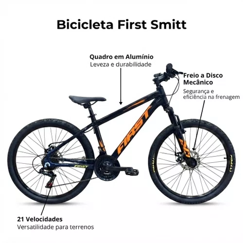 Bicicleta First Aro 24 Smitt Juvenil 21v Freio Disco Grafite com Laranja e Preto tam 13,5