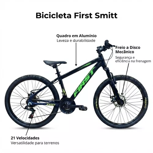 Bicicleta First Aro 24 Smitt Juvenil 21v Freio Disco Preto com Verde Tam 13,5