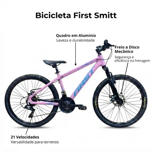 Bicicleta First Aro 24 Smitt Juvenil 21v Freio Disco Rosa Bebê com Azul Tam 13,5