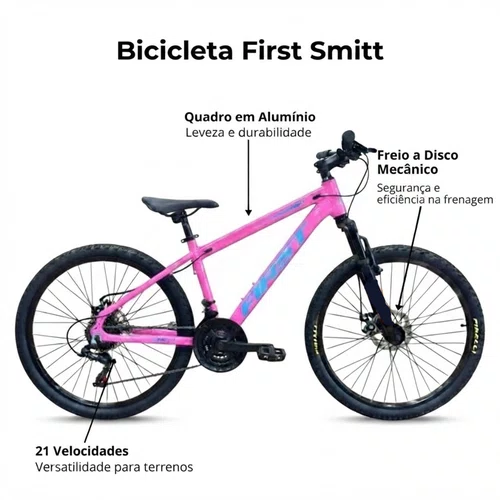 Bicicleta First Aro 24 Smitt Juvenil 21v Freio Disco Rosa com Azul Tam 13,5