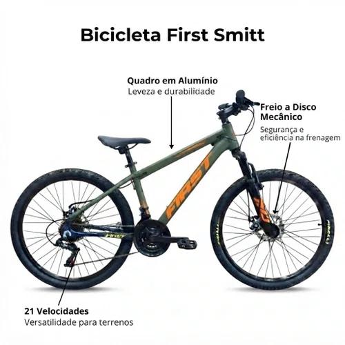 Bicicleta First Aro 24 Smitt Juvenil 21v Freio Disco Verde Militar com Laranja Tam 13,5