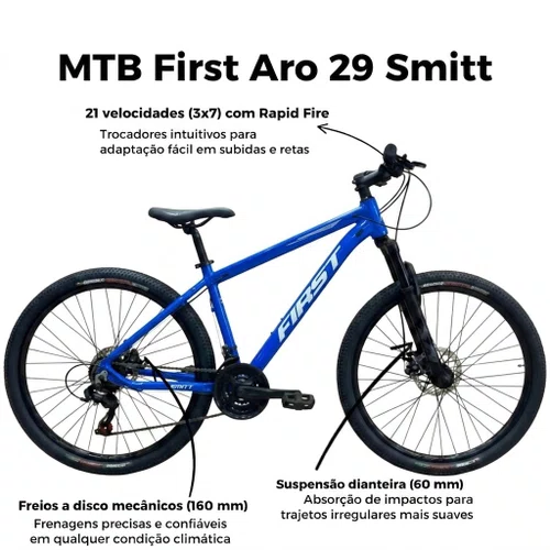 Bicicleta First Aro 29 Smitt 21v Freio Disco Azul Hunter com Prata Tam 17,5