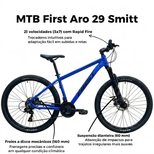 Bicicleta First Aro 29 Smitt 21v Freio Disco Azul Hunter com Preto Tam 17,5