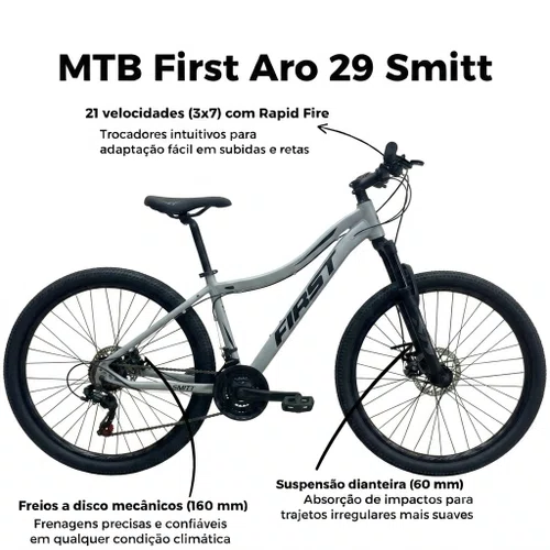 Bicicleta First Aro 29 Smitt 21v Freio Disco Cinza com Preto tam 17,5