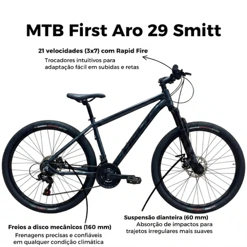 Bicicleta First Aro 29 Smitt 21v Freio Disco Grafite com Preto tam 17,5