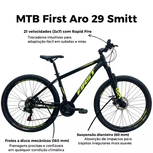 Bicicleta First Aro 29 Smitt 21v Freio Disco Preto com Amarelo Neon Tam 19