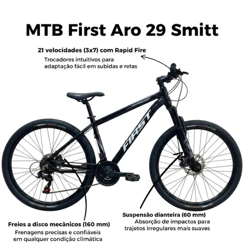 Bicicleta First Aro 29 Smitt 21v Freio Disco Preto com Prata tam 15,5