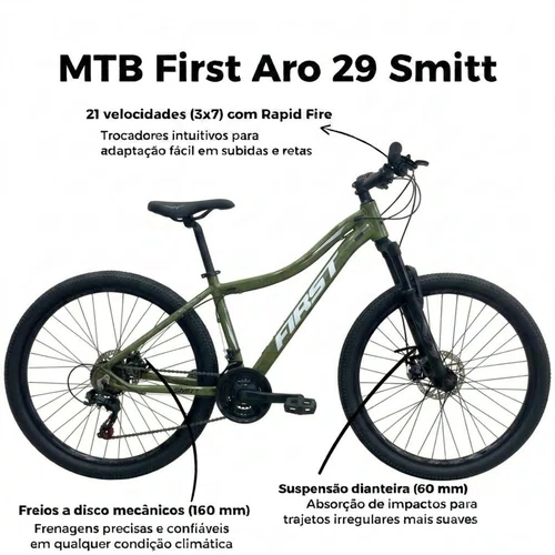 Bicicleta First Aro 29 Smitt Fem 21v Freio Disco Verde Militar/Prata 15,5