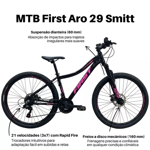 Bicicleta First Aro 29 Smitt Feminina 21v Freio Disco Preto com Pink tam 15,5