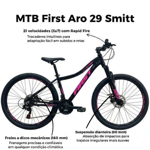 Bicicleta First Aro 29 Smitt Feminina 21v Freio Disco Preto com Pink tam 15,5