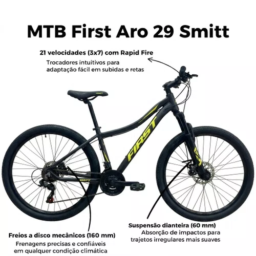 Bicicleta First Aro 29 Smitt Feminina 21v Freio Disco Preto Fosco com Ouro Tam 15,5
