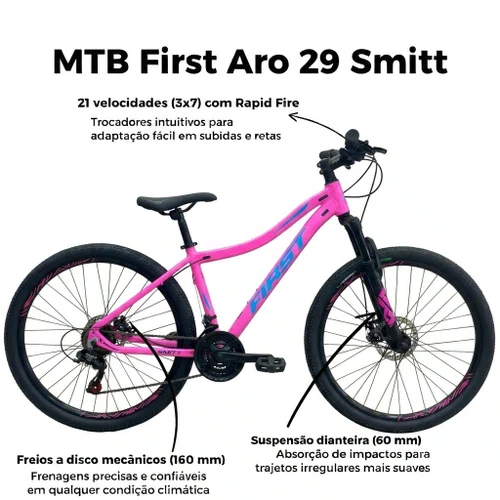 Bicicleta First Aro 29 Smitt Feminina 21v Freio Disco Rosa Chiclete com Azul Tam 17,5