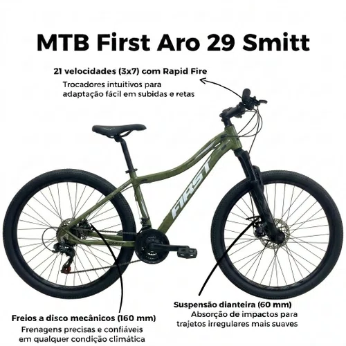 Bicicleta First Aro 29 Smitt Feminina 21v Freio Disco Verde Militar com Prata Tam 15,5