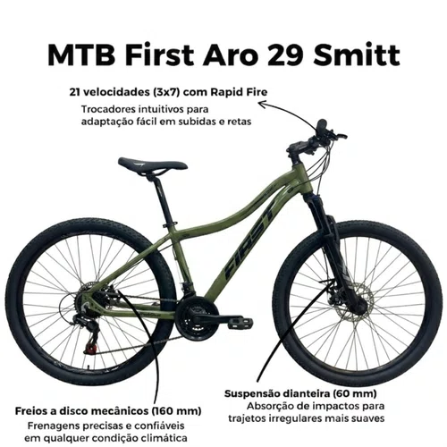 Bicicleta First Aro 29 Smitt Feminina 21v Freio Disco Verde Militar Com Preto Tam 15,5