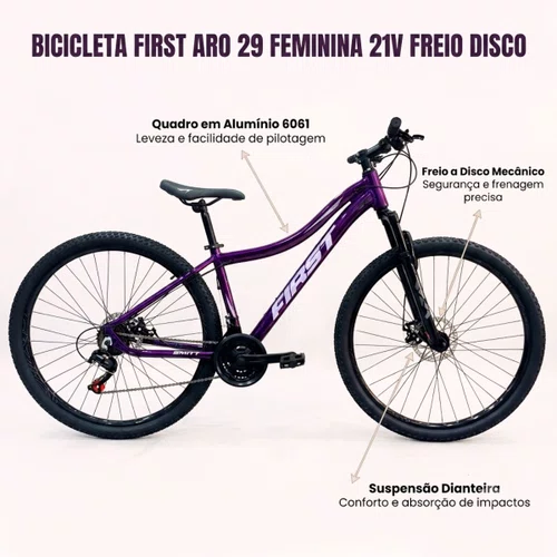 Bicicleta First Aro 29 Smitt Feminina 21v Freio Disco Violeta Com Prata Tam 15,5