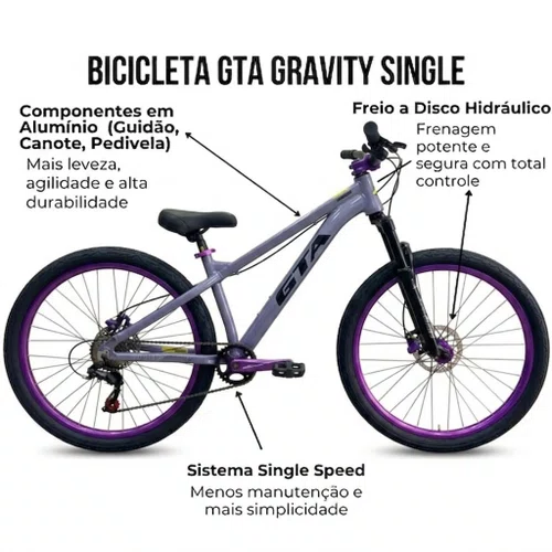 Bicicleta GTA Aro 26 Gravity Freeride Single Cinza com Violeta