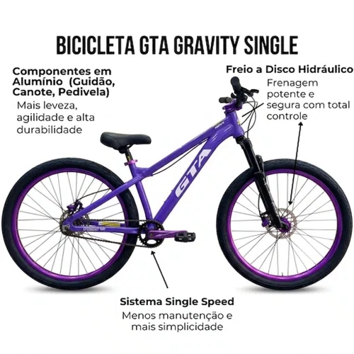 Bicicleta GTA Aro 26 Gravity Freeride Single Lilas com Violeta
