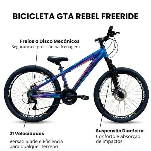 Bicicleta GTA Aro 26 Rebel Freeride 21v Freio à Disco Camaleão