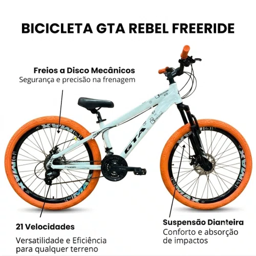 Bicicleta GTA Aro 26 Rebel Freeride 21v Freio Disco Branco com Laranja