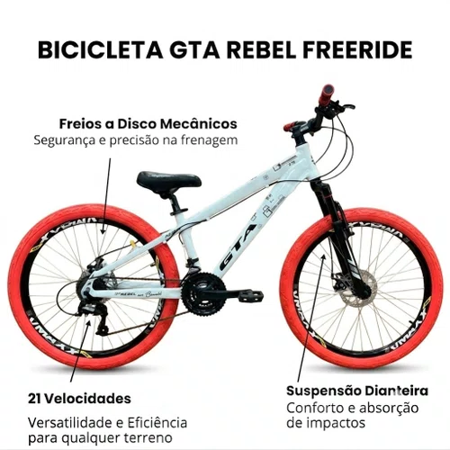 Bicicleta GTA Aro 26 Rebel Freeride 21v Freio Disco Branco com Vermelho