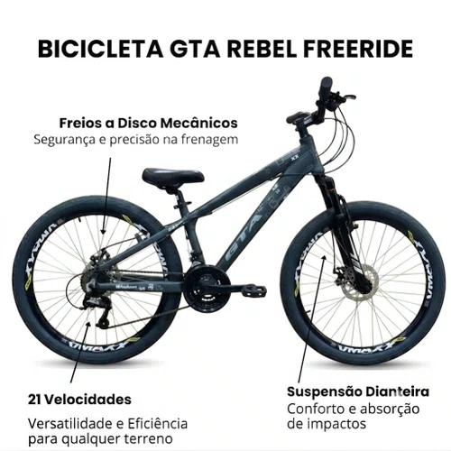 Bicicleta GTA Aro 26 Rebel Freeride 21v Freio Disco Preto