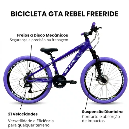 Bicicleta GTA Aro 26 Rebel Freeride 21v Freio Disco Roxo