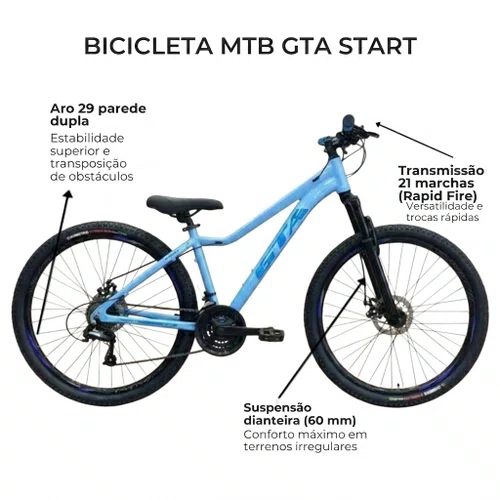 Bicicleta GTA Aro 29 Start Feminina 21v Freio Disco Azul com Roxo Tam 15,5