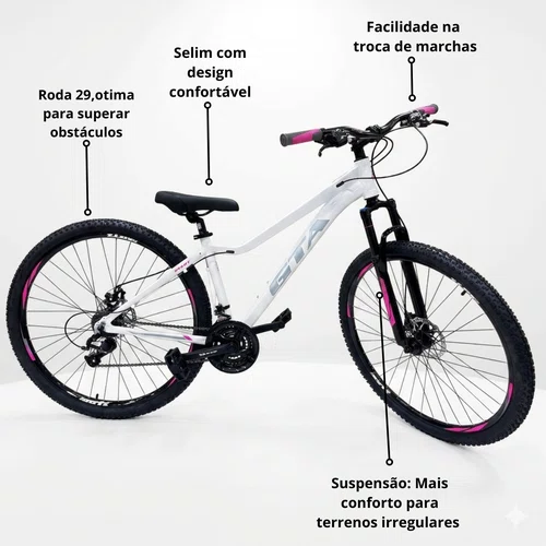 Bicicleta GTA Aro 29 Start Feminina 21v Freio Disco Branco com Cinza e Rosa tam 15,5