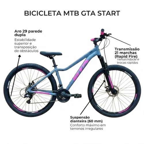 Bicicleta GTA Aro 29 Start Feminina 21v Freio Disco Cinza com Rosa Tam 15,5