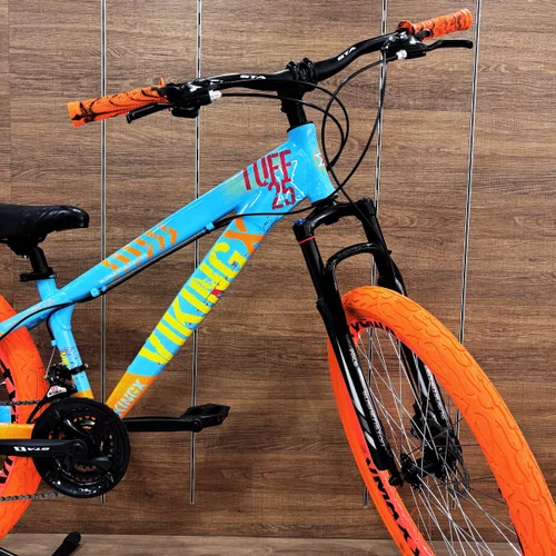 Bicicleta Viking Aro 26 Dirt JTuff25 21V Freio Disco Azul com Laranja e Amarelo