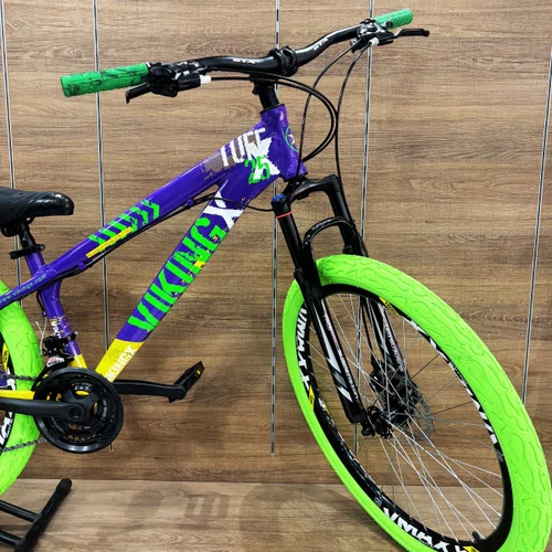 Bicicleta Viking Aro 26 Dirt JTuff25 21V Freio Disco Roxo com Amarelo e Verde