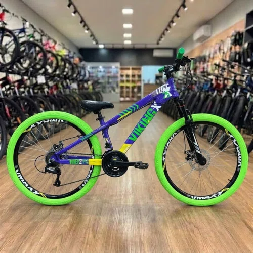 Bicicleta Viking Aro 26 Dirt JTuff25 21V Freio Disco Roxo com Amarelo e Verde