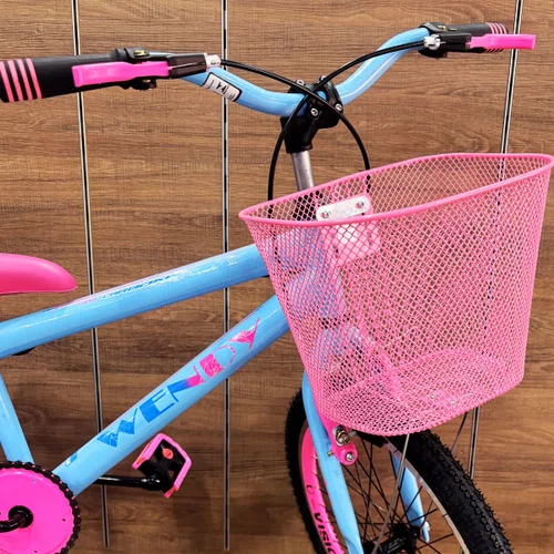 Bicicleta Wendy Aro 20 Feminina Com Cesta Azul Bebe com Rosa