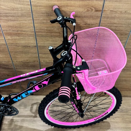 Bicicleta Wendy Aro 20 Feminina Com Cesta Preto com Rosa e Azul