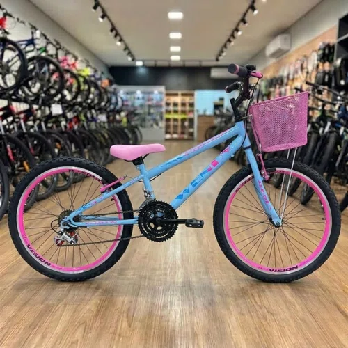 Bicicleta Wendy Aro 24 18M Feminina Com Cesta Azul Bebe com Rosa