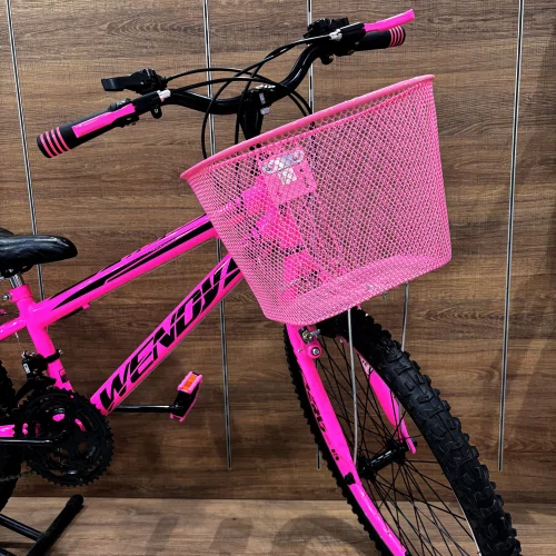 Bicicleta Wendy Aro 24 18M Feminina Com Cesta Rosa Chiclete com Rosa