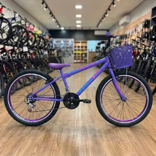 Bicicleta Wendy Aro 26 18 Marchas Rebaixado Com Cesta Lilas com Violeta