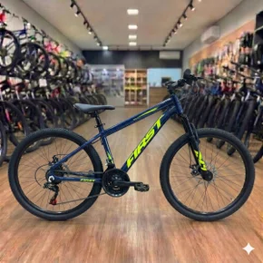 Bicicleta First Aro 24 Smitt Juvenil 21v Freio Disco Azul Galaxy com Amarelo tam 13,5