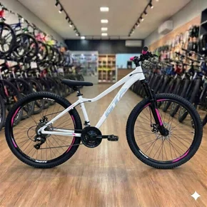 Bicicleta GTA Aro 29 Start Feminina 21v Freio Disco Branco com Cinza e Rosa tam 15,5